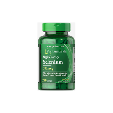 A green bottle of Puritan's Pride Selenium 200 mcg, containing 250 tablets, a supplement labeled for antioxidant support and suitable for vegetarians.